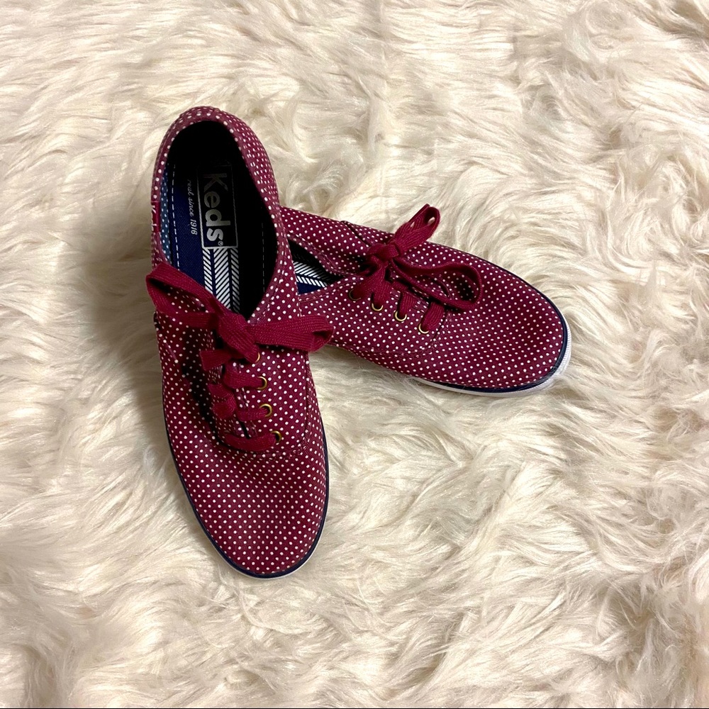 Maroon + white polka dot Keds